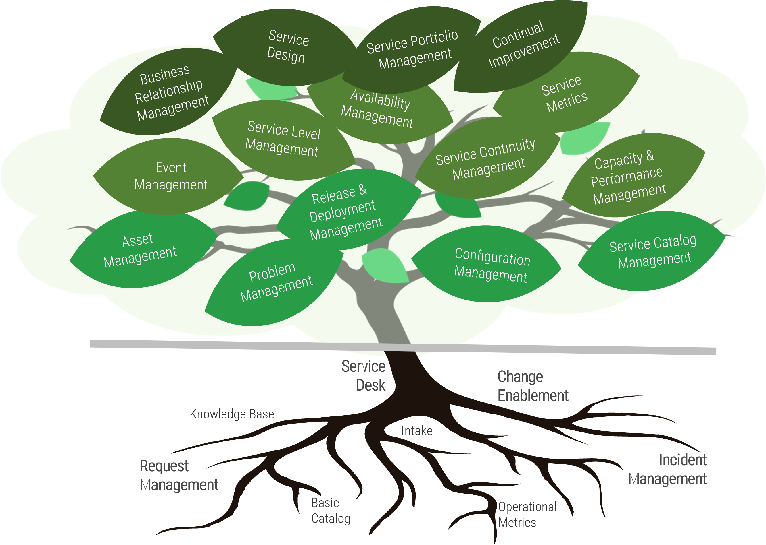 Visual of a tree with the roots representing the core processes of the Service Desk and leaves representing the service management processes. Leaves are dark green, medium green, and bright green.