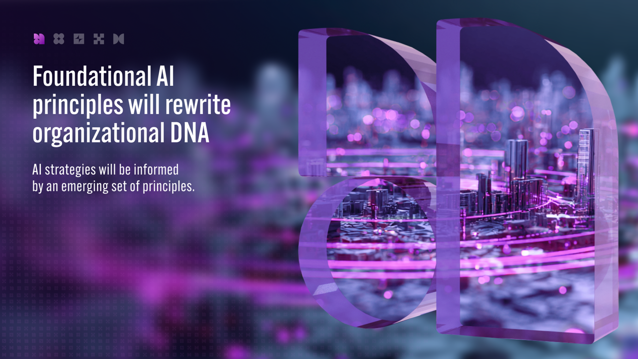Title page for Trend 1, 'Foundational AI principles will rewrite organizational DNA', 'All strategies will be informed by an emerging set of principles'.