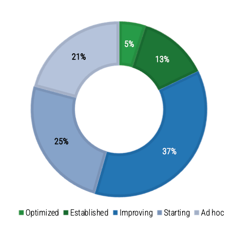 Business Analysis Maturity Pie-Graph. Shows percentage of organizations at each maturity level: (Optimized, Established, Improving, Starting, Ad hoc.)